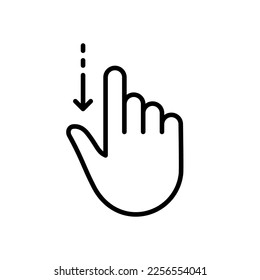 Hand Finger Swipe and Drag Down Line Icon. Pinch Screen, Rotate on Screen Linear Pictogram. Gesture Slide Down Outline Icon. Editable Stroke. Isolated Vector Illustration.