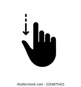 Hand Finger Swipe and Drag Down Silhouette Icon. Pinch Screen, Rotate on Screen Glyph Pictogram. Gesture Slide Down Icon. Isolated Vector Illustration.