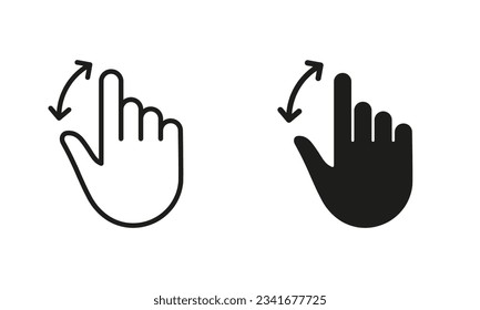 Hand Finger Swipe, Drag Up and Down Line and Silhouette Black Icon Set. Gesture Slide Down and Up Pictogram. Pinch Screen, Rotate Touch Screen Symbol Collection. Isolated Vector Illustration.