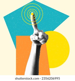 Hand with a finger that presses a touch button. Retro halftone hand. Index finger presses on the screen. Trendy vintage newspaper parts. Halftone collage elements. Y2K style. Dotted pop art style