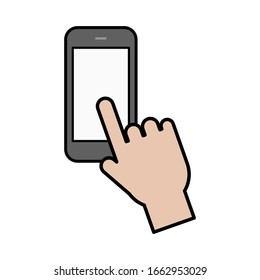 hand finger touch blank white screen smartphone isolated on white background. vector illustration 