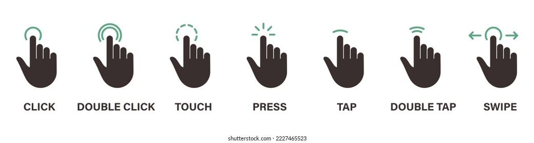 Hand Finger Touch, Swipe, Click, Press and Tap Silhouette Icon Set. Gesture Slide Left and Right Black Icon. Double Click and Tap Sign. Isolated Vector Illustration.