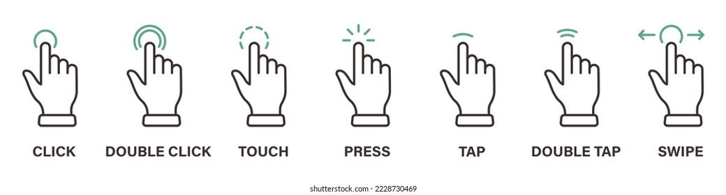 Hand Finger Touch, Swipe, Click, Press and Tap Line Icon Set. Gesture Slide Left and Right Outline Icon. Double Click and Tap Sign. Editable Stroke. Isolated Vector Illustration. 