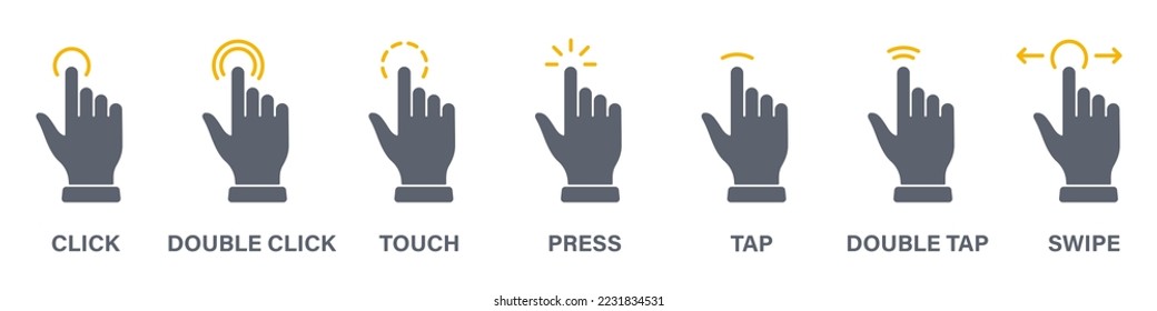 Hand Finger Touch, Swipe, Click, Press and Tap Silhouette Icon Set. Double Click and Tap Sign. Gesture Slide Left and Right Icon. Isolated Vector Illustration.