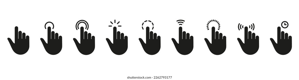 Hand Finger Touch, Swipe, Click, Press and Tap Silhouette Icon Set. Gesture Slide Left and Right Black Solid Icon. Double Click and Tap Glyph Sign. Isolated Vector Illustration.