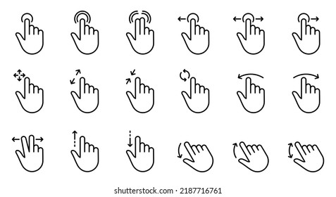 Hand Finger Touch, Swipe and Drag Outline Icon Set. Pinch Screen, Rotate Up Down on Screen Line Icon. Gesture Slide Left and Right Linear Pictogram. Editable Stroke. Isolated Vector Illustration.