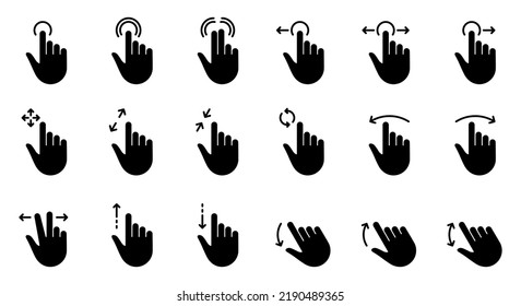 Hand Finger Touch, Swipe and Drag Silhouette Icon Set. Pinch Screen, Rotate Up Down on Screen Icon. Gesture Slide Left and Right Black Pictogram. Isolated Vector Illustration.