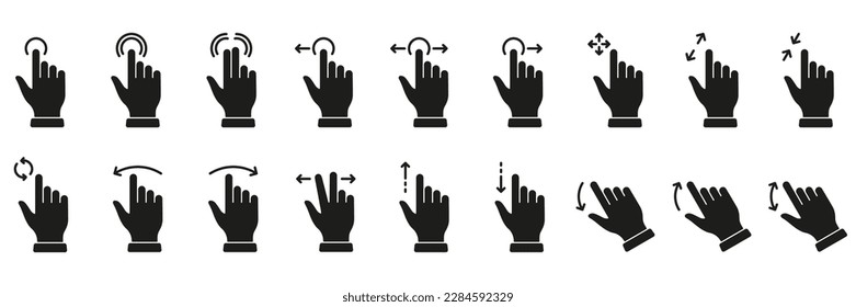 Juego de iconos de la silueta de la mano con el dedo, el movimiento y el arrastre. Pictograma sólido negro derecho e izquierdo. Pantalla Pinch, Girar hacia abajo en los iconos de glifo de la pantalla. Ilustración de vectores aislados.