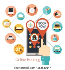 Hand Finger Touch Tablet Online Booking Icons, Hotel,  Transportation, Services 