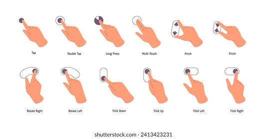 Hand, finger touchscreen gestures set. Different tutors of using touchpad, sensor screen: tap, multi touch, press, pinch, flick, rotate signs. Flat isolated vector illustration on white background