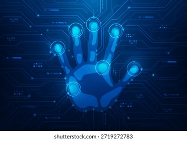 Huella digital de la mano Ciberseguridad Verificar el fondo de la tecnología de identidad. Escanear el concepto de acceso biométrico a la persona. Ilustración vectorial Tecnología de línea de circuito fantástica.