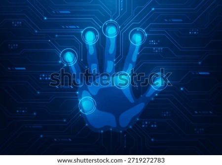 hand fingerprint cyber security verify identity technology background. scan biometric person access concept. vector illustration fantastic circuit line technology.