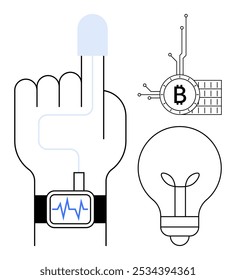 Mano con un escáner de huellas dactilares en un dedo índice, un reloj inteligente, un símbolo digital de criptomoneda y una bombilla que representa ideas. Ideal para tecnología, seguridad, finanzas, innovación e inteligencia