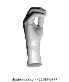 Hand with fingers bent like claws, showing a gripping gesture. Isolated on a white background. Perfect for concepts of grasping, holding, and capturing. Halftone dotted retro style vector