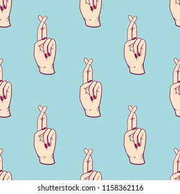 Hand with fingers crossed seamless pattern for prints, designs and coloring books. Vector illustration.