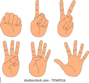 Hand with fingers in different positions, counting 0 to 5