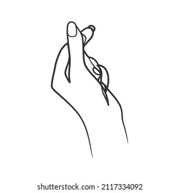 Hand with fingers in heart shape in continuous line art. One line art finger hearth gesture. Saranghae