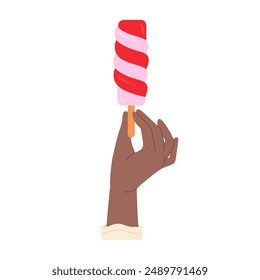 Hand fingers hold ice cream on stick to eat strawberry spiral popsicle or lollipop vector illustration