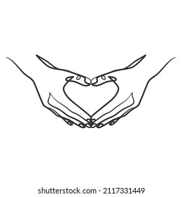Hand fingers making heart shape in continuous line art. One line art finger hearth gesture