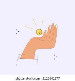Una mano con los dedos y una palma en la que cae una moneda de oro. El concepto de un negocio exitoso, lleno de prosperidad en la vida.  Lugar para el texto