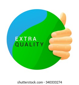 hand fingers thumb up holds flat green-blue gradient label badge with text extra quality. circle medallion with curved background design and empty space for place description eps download free royalty