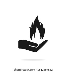 Hand with fire flame icon isolated on white background. Vector illustration