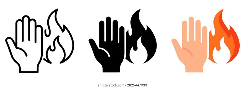 Hand and fire icon set showing burn injury and heat warning symbols in outline, silhouette, and flat styles