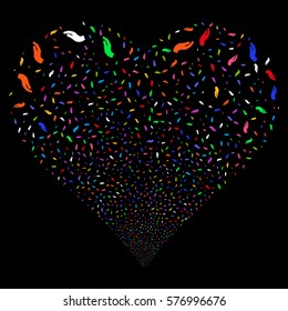 Hand fireworks with heart shape. Vector illustration style is flat bright multicolored iconic symbols on a black background. Object valentine heart organized from confetti symbols.