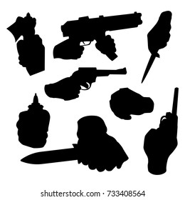 Hand firing with gun black silhouette protection ammunition crime military police firearm hands vector.