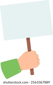 Hand firmly grasping a blank placard with a wooden stick, ready for protest, announcement, or advertisement, isolated on a white background