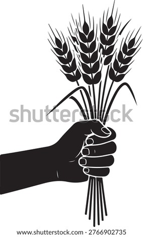 A hand firmly grasping a bundle of wheat stalks symbolizing agriculture and harvest. silhouette vector icon