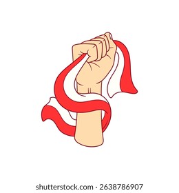 Hand firmly grasping indonesian flag ribbon, symbolizing patriotism and commemoration of indonesian independence day