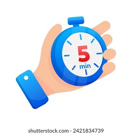 Hand firmly gripping a blue stopwatch set to 5 minutes, with a prominent red highlight on the timer