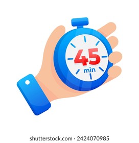 Hand firmly gripping a blue stopwatch set to 45 minutes, with a prominent red highlight on the timer