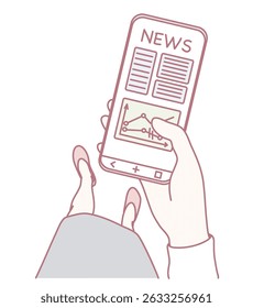 A hand is firmly holding a sleek smartphone that brightly displays various news articles and detailed data charts