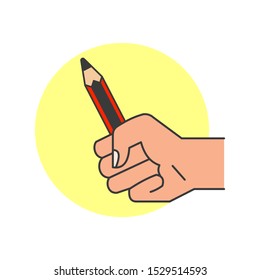 Hand firmly holds a pencil. Flat style illustration. 