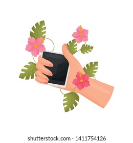 Hand firmly holds a photo card . Vector illustration on white background.