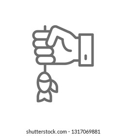 Hand with fish, fishing bait, lure line icon.
