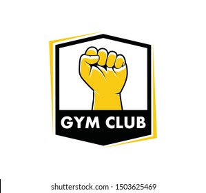 hand fist in the air inside an emblem for gymnastic body building vector logo design template