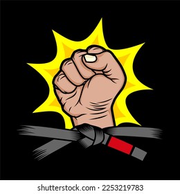 hand fist clenched with black belt, on black background. Design element for logo, poster, card, banner, emblem, t shirt. Vector illustration