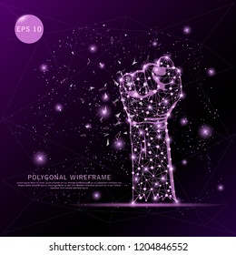 Hand fist digitally drawn futuristic low poly wire frame shape point, composition and lines vector illustration on purple background.