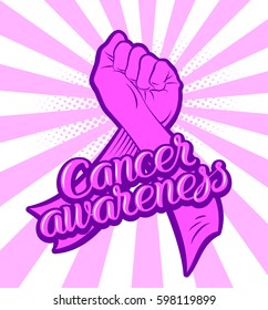 Hand fist fight symbol preventing the cancer and awareness symbol pink ribbon with lettering

