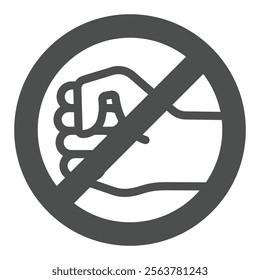 Hand fist forbidden solid icon, stop war concept. Vector graphics. Prohibited fight and fist hitting sign on white background, glyph style icon for mobile or web design