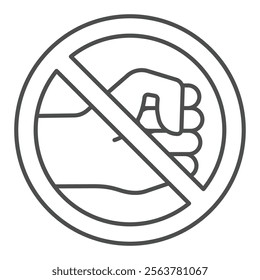 Hand fist forbidden thin line icon, stop war concept. Vector graphics. Prohibited fight and fist hitting sign on white background, outline style icon for mobile or web design