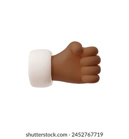 Hand fist gesture from the fingers 3D vector illustration. Friendly fist bump, greeting. Afro human clenched arm with white sleeve. Cartoon fight or protest symbol. Strength emoji icon isolated