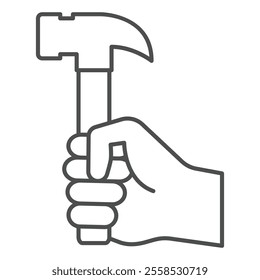 Hand fist hold hammer tool thin line icon, work and labor concept. Vector graphics. Hard work profession sign on white background, outline style icon for mobile or web design