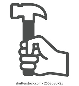 Hand fist hold hammer tool solid icon, work and labor concept. Vector graphics. Hard work profession sign on white background, glyph style icon for mobile or web design