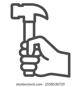 Hand fist hold hammer tool line icon, work and labor concept. Vector graphics. Hard work profession sign on white background, outline style icon for mobile or web design