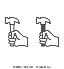 Hand fist hold hammer tool line and solid icon, work and labor concept. Vector graphics. Hard work profession sign on white background, outline style icon for mobile or web design