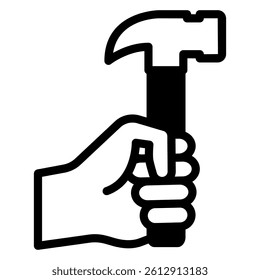 Hand fist hold hammer tool solid icon, work and labor concept. Vector graphics. Hard work profession sign on white background, glyph style mobile or design